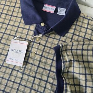 Bugle Boy Company Mens Tan Navy Blue Plaid Short Sleeve Polo Shirt Large NWT